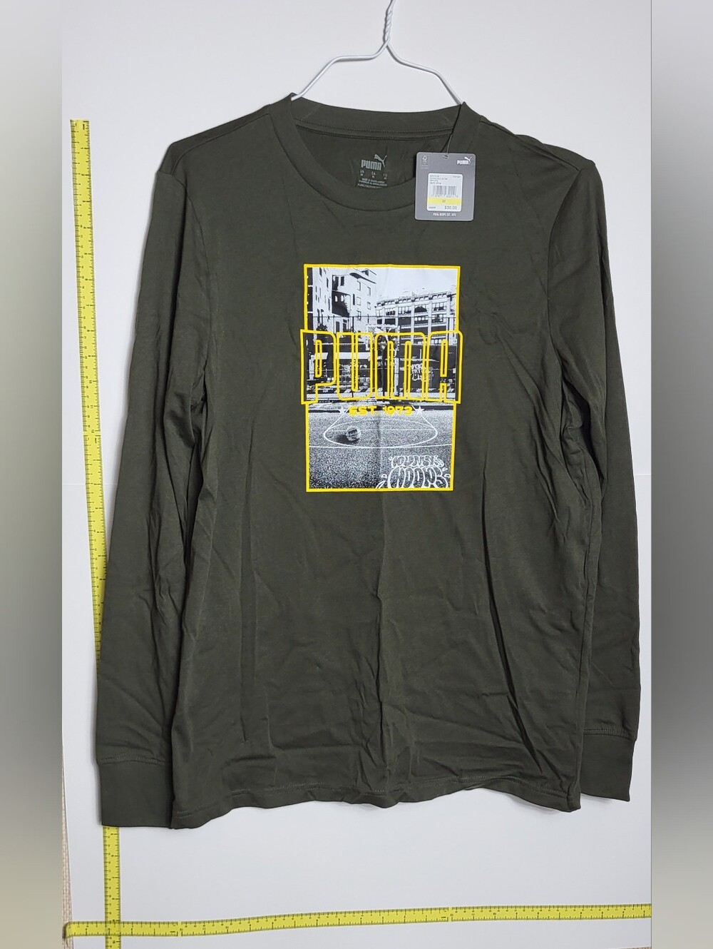 New PUMA Men's Green Graphic Logo Crew Neck Cotton Jersey Long sleeve T-shirt M